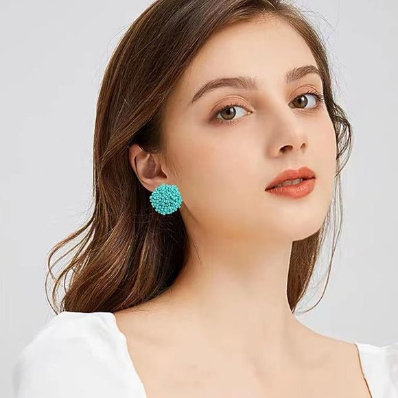 Turquoise Blue Pom Pom Seed Beaded Big Puff Post Earrings Round Bohemian New - Picture 2 of 6